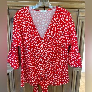 Kancystore v neck, button down tie front 3/4 sleeve blouse, red/white, size M